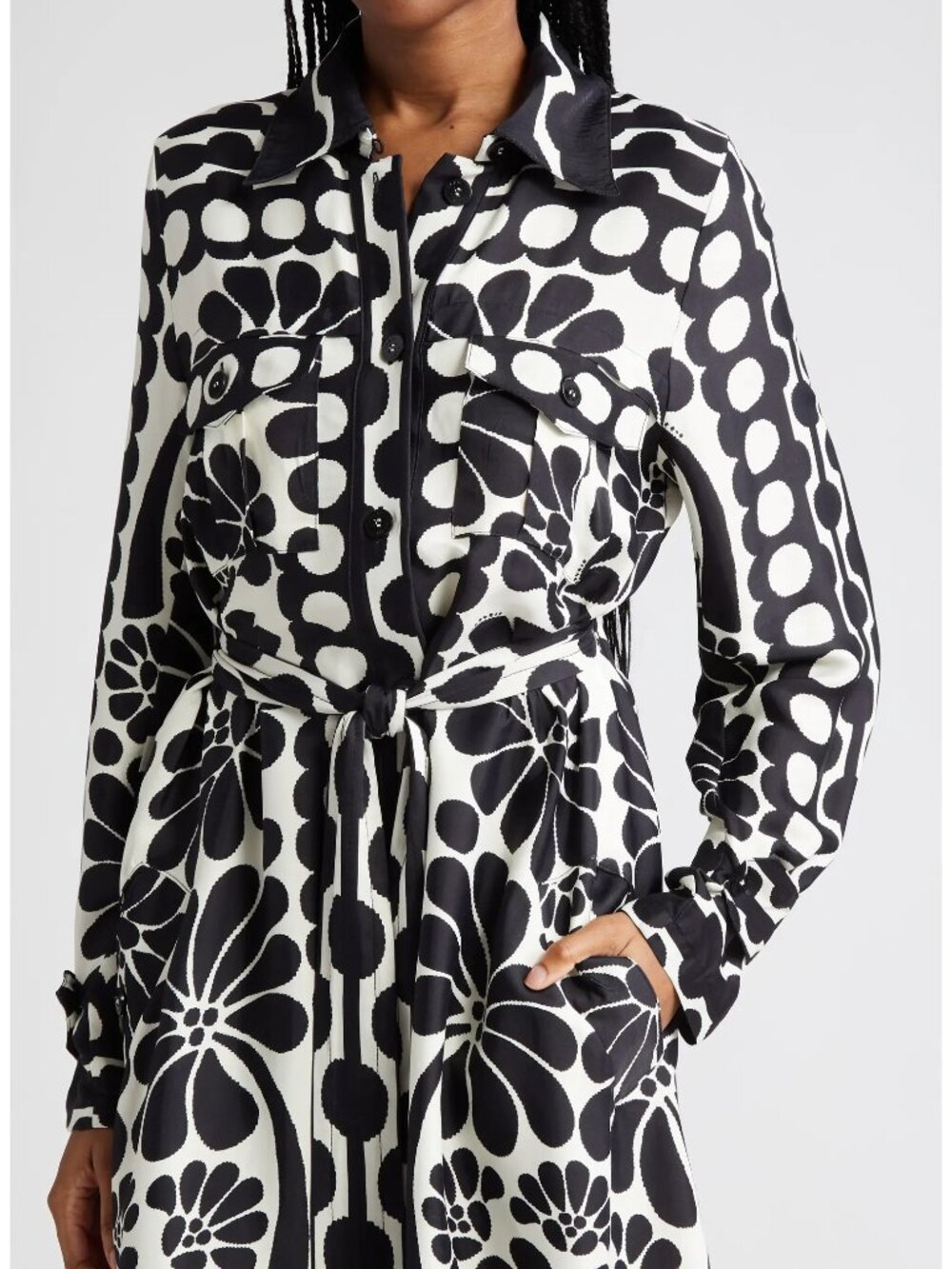 FARM Rio - Palermo Long Sleeve Belted Midi Shirtdress, black & white print, XXS - Picture 4 of 12